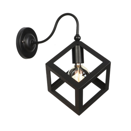Cube Cage Bedroom Wall Lighting Vintage Metal 1 Bulb Black/Rust Finish Wall Sconce Lamp with Gooseneck Arm Clearhalo 'Art deco wall lights' 'Cast Iron' 'Glass' 'Industrial wall lights' 'Industrial' 'Middle century wall lights' 'Modern' 'Rustic wall lights' 'Tiffany' 'Traditional wall lights' 'Wall Lamps & Sconces' 'Wall Lights' Lighting' 1788226