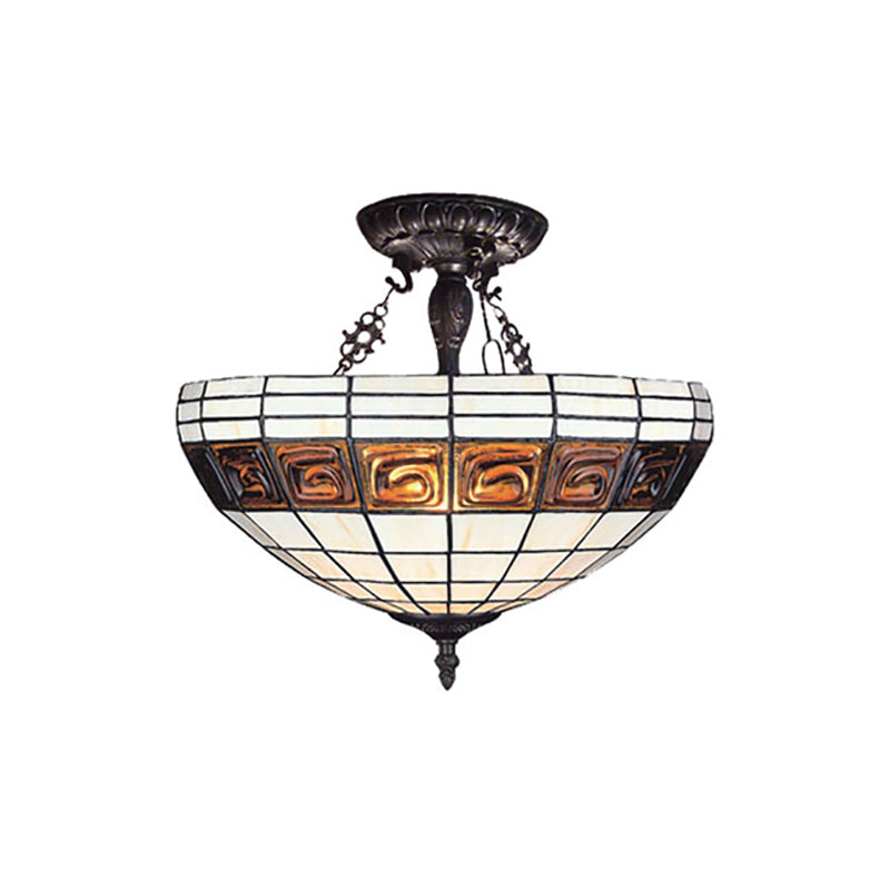 Hotel Lattice Dome Hanging Light Art Glass Tiffany Vintage White Chandelier for Cloth Shop Clearhalo 'Ceiling Lights' 'Close To Ceiling Lights' 'Close to ceiling' 'Glass shade' 'Glass' 'Semi-flushmount' 'Tiffany close to ceiling' 'Tiffany' Lighting' 178827