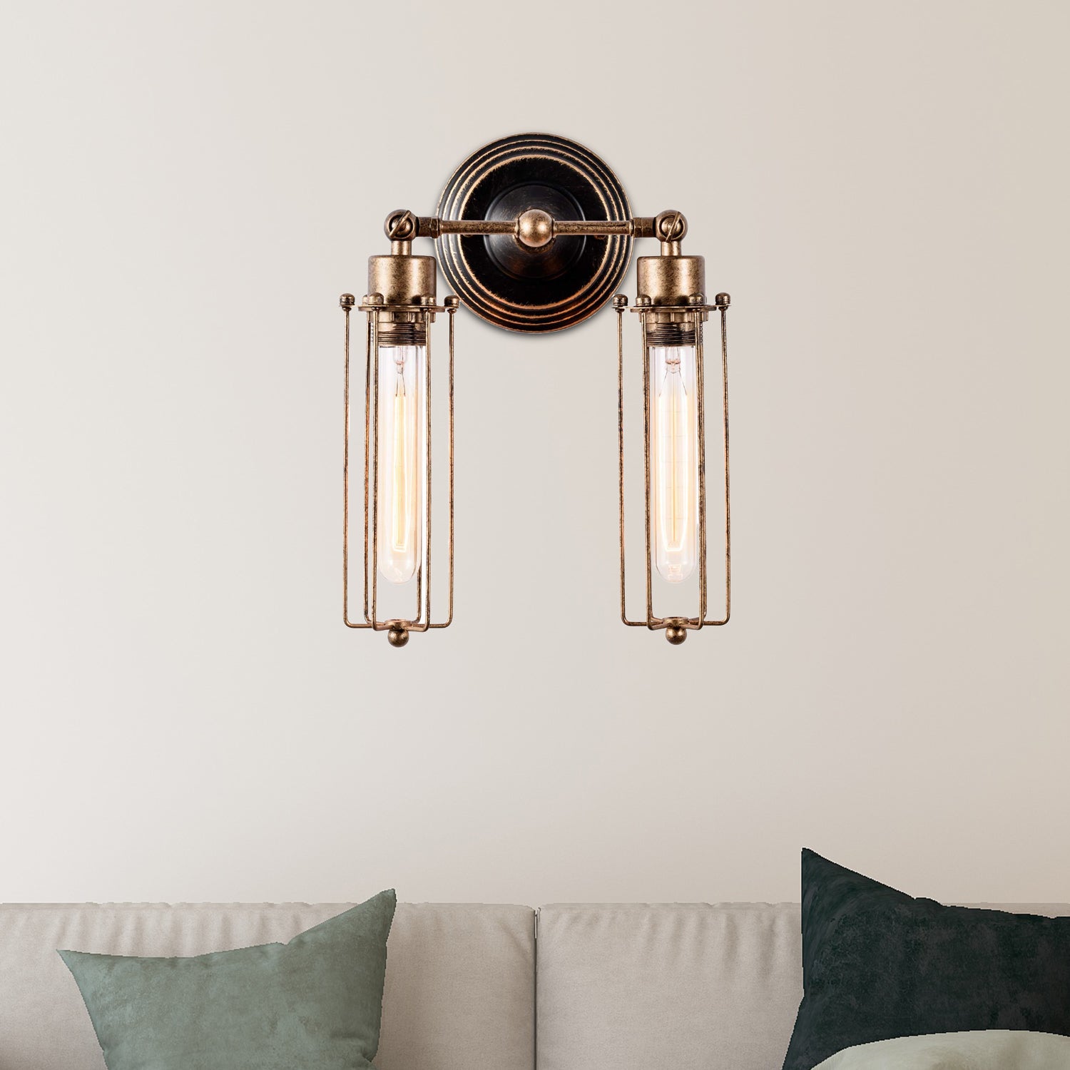 Rust 2 Lights Wall Sconce Lamp Industrial Metal Cylinder Cage Wall ...