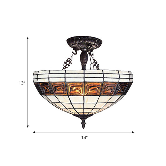 Hotel Lattice Dome Hanging Light Art Glass Tiffany Vintage White Chandelier for Cloth Shop Clearhalo 'Ceiling Lights' 'Close To Ceiling Lights' 'Close to ceiling' 'Glass shade' 'Glass' 'Semi-flushmount' 'Tiffany close to ceiling' 'Tiffany' Lighting' 178828