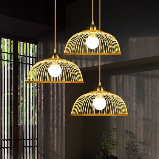 Dome Hanging Ceiling Light Asian Style Bamboo Single Bulb Beige Pendant Lamp for Tearoom Clearhalo 'Ceiling Lights' 'Pendant Lights' 'Pendants' Lighting' 1788315