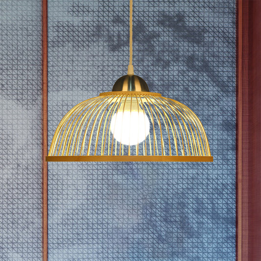 Dome Hanging Ceiling Light Asian Style Bamboo Single Bulb Beige Pendant Lamp for Tearoom Clearhalo 'Ceiling Lights' 'Pendant Lights' 'Pendants' Lighting' 1788316