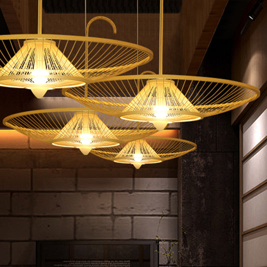 Bamboo Umbrella Down Lighting Pendant Asian Style Single Bulb Beige Suspension Lamp for Restaurant Clearhalo 'Ceiling Lights' 'Pendant Lights' 'Pendants' Lighting' 1788321