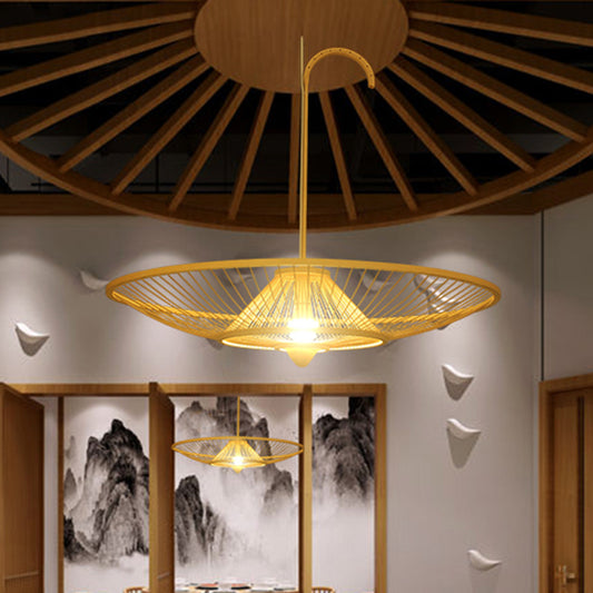 Bamboo Umbrella Down Lighting Pendant Asian Style Single Bulb Beige Suspension Lamp for Restaurant Clearhalo 'Ceiling Lights' 'Pendant Lights' 'Pendants' Lighting' 1788322