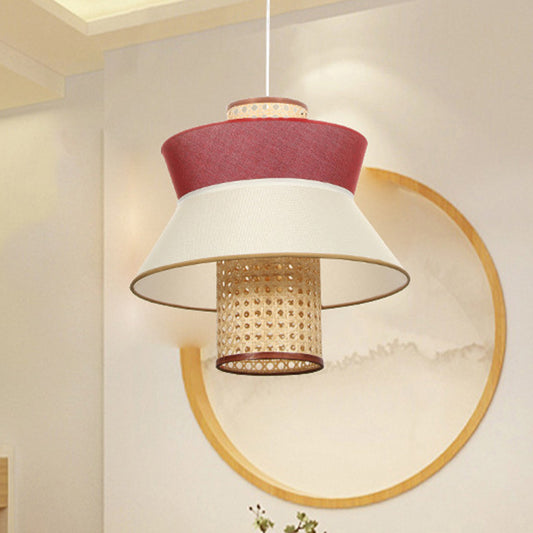 Pink Flared Ceiling Suspension Lamp Asian Style Single Bulb Rattan Hanging Light Kit for Dining Room Clearhalo 'Ceiling Lights' 'Pendant Lights' 'Pendants' Lighting' 1788325