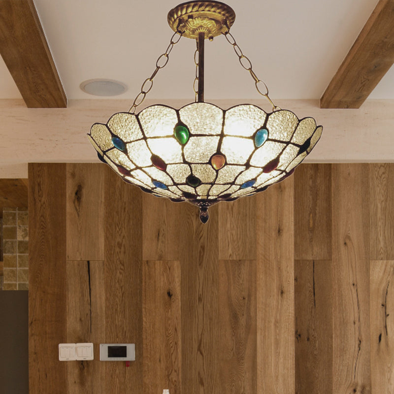 16"/19.5" Wide Traditional Peacock Pendant Light Clear Glass Inverted Chandelier with Colorful Jewelry for Cloth Shop Clearhalo 'Ceiling Lights' 'Close To Ceiling Lights' 'Close to ceiling' 'Glass shade' 'Glass' 'Semi-flushmount' 'Tiffany close to ceiling' 'Tiffany' Lighting' 178834