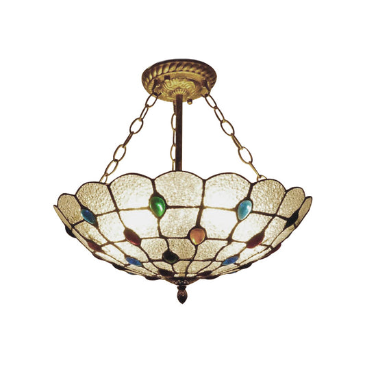 16"/19.5" Wide Traditional Peacock Pendant Light Clear Glass Inverted Chandelier with Colorful Jewelry for Cloth Shop Clearhalo 'Ceiling Lights' 'Close To Ceiling Lights' 'Close to ceiling' 'Glass shade' 'Glass' 'Semi-flushmount' 'Tiffany close to ceiling' 'Tiffany' Lighting' 178835