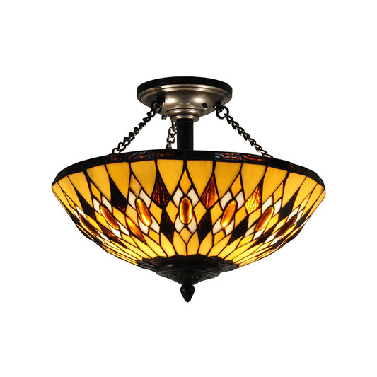 Tiffany Vintage Bowl Chandelier Stained Glass Yellow Inverted Hanging Light for Dining Room Clearhalo 'Ceiling Lights' 'Close To Ceiling Lights' 'Close to ceiling' 'Glass shade' 'Glass' 'Semi-flushmount' 'Tiffany close to ceiling' 'Tiffany' Lighting' 178842