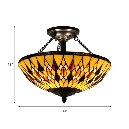 Tiffany Vintage Bowl Chandelier Stained Glass Yellow Inverted Hanging Light for Dining Room Clearhalo 'Ceiling Lights' 'Close To Ceiling Lights' 'Close to ceiling' 'Glass shade' 'Glass' 'Semi-flushmount' 'Tiffany close to ceiling' 'Tiffany' Lighting' 178843