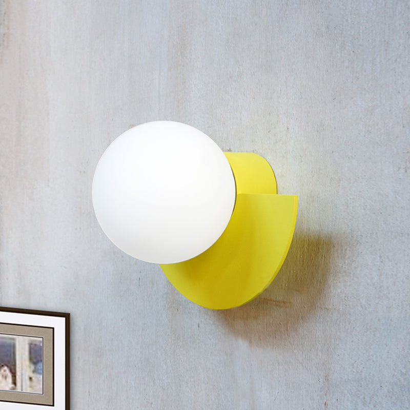 Yellow Half Round Wall Lamp Macaron 1 Bulb Iron Sconce Lighting with Ball Opal Glass Shade Clearhalo 'Cast Iron' 'Glass' 'Industrial' 'Modern wall lights' 'Modern' 'Tiffany' 'Traditional wall lights' 'Wall Lamps & Sconces' 'Wall Lights' Lighting' 1788510