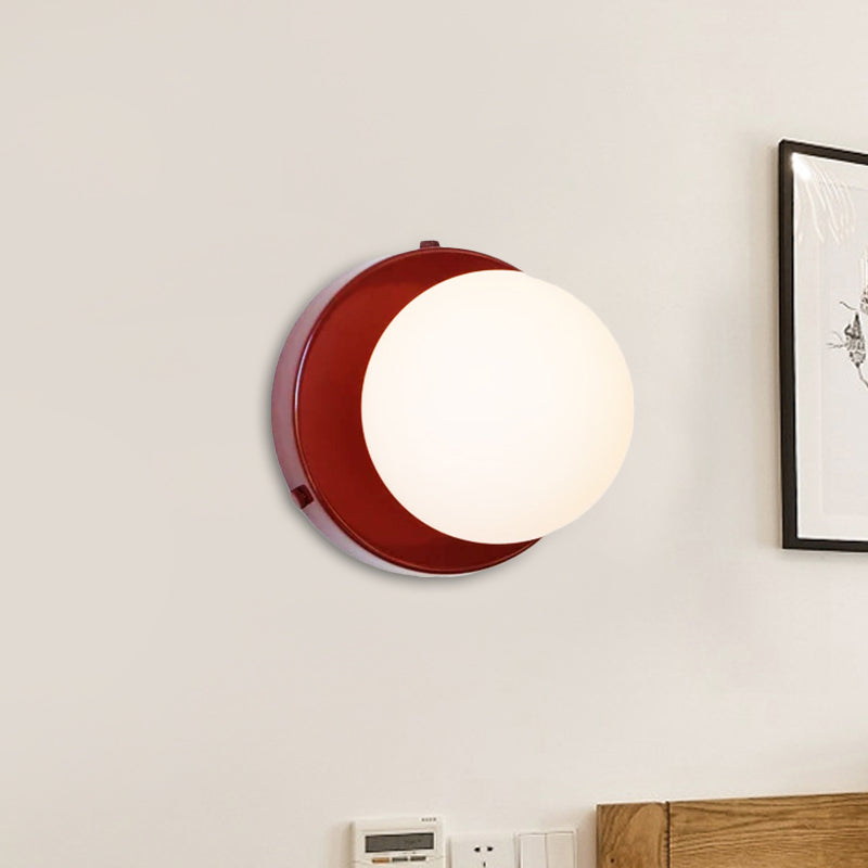 Macaron Globule Small Wall Lighting Milk Glass 1 Light Bathroom Sconce Fixture in Pink/Green/Burgundy Burgundy Clearhalo 'Cast Iron' 'Glass' 'Industrial' 'Modern wall lights' 'Modern' 'Tiffany' 'Traditional wall lights' 'Wall Lamps & Sconces' 'Wall Lights' Lighting' 1788515