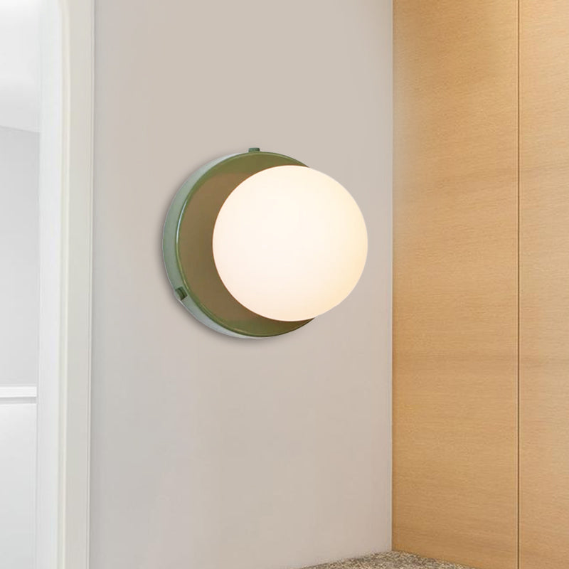 Macaron Globule Small Wall Lighting Milk Glass 1 Light Bathroom Sconce Fixture in Pink/Green/Burgundy Green Clearhalo 'Cast Iron' 'Glass' 'Industrial' 'Modern wall lights' 'Modern' 'Tiffany' 'Traditional wall lights' 'Wall Lamps & Sconces' 'Wall Lights' Lighting' 1788521