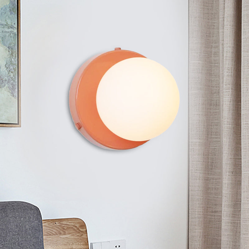 Macaron Globule Small Wall Lighting Milk Glass 1 Light Bathroom Sconce Fixture in Pink/Green/Burgundy Pink Clearhalo 'Cast Iron' 'Glass' 'Industrial' 'Modern wall lights' 'Modern' 'Tiffany' 'Traditional wall lights' 'Wall Lamps & Sconces' 'Wall Lights' Lighting' 1788525