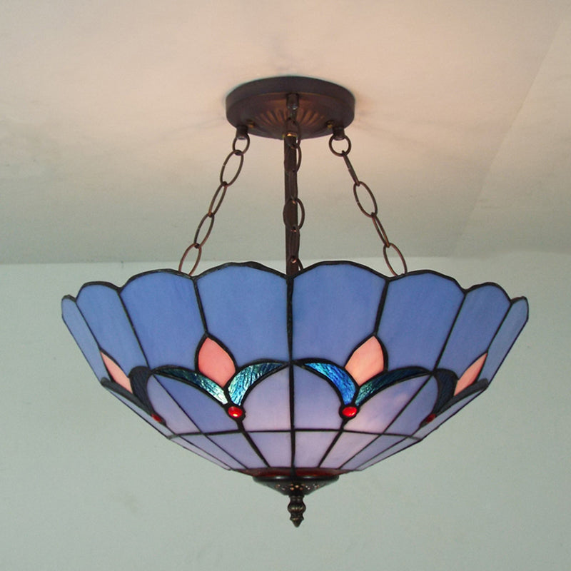 Tiffany Classic Blue Suspension Light Tulip Pattern Glass Chandelier for Adult Bedroom Blue Clearhalo 'Ceiling Lights' 'Close To Ceiling Lights' 'Close to ceiling' 'Glass shade' 'Glass' 'Semi-flushmount' 'Tiffany close to ceiling' 'Tiffany' Lighting' 178853