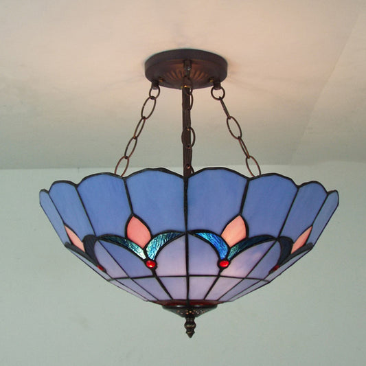 Tiffany Classic Blue Suspension Light Tulip Pattern Glass Chandelier for Adult Bedroom Blue Clearhalo 'Ceiling Lights' 'Close To Ceiling Lights' 'Close to ceiling' 'Glass shade' 'Glass' 'Semi-flushmount' 'Tiffany close to ceiling' 'Tiffany' Lighting' 178853