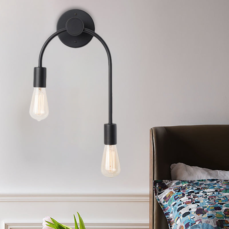 Swoop Arm Iron Wall Mounted Lamp Minimalist 2-Light Black/Gold Sconce Lighting with Bare Bulb Design Clearhalo 'Cast Iron' 'Glass' 'Industrial' 'Modern wall lights' 'Modern' 'Tiffany' 'Traditional wall lights' 'Wall Lamps & Sconces' 'Wall Lights' Lighting' 1788553