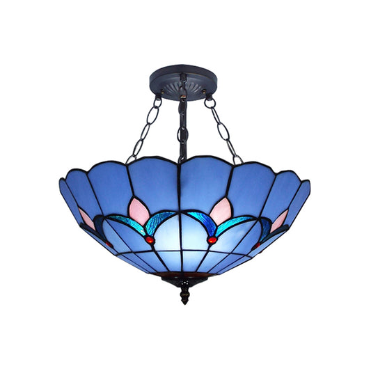Tiffany Classic Blue Suspension Light Tulip Pattern Glass Chandelier for Adult Bedroom Clearhalo 'Ceiling Lights' 'Close To Ceiling Lights' 'Close to ceiling' 'Glass shade' 'Glass' 'Semi-flushmount' 'Tiffany close to ceiling' 'Tiffany' Lighting' 178855