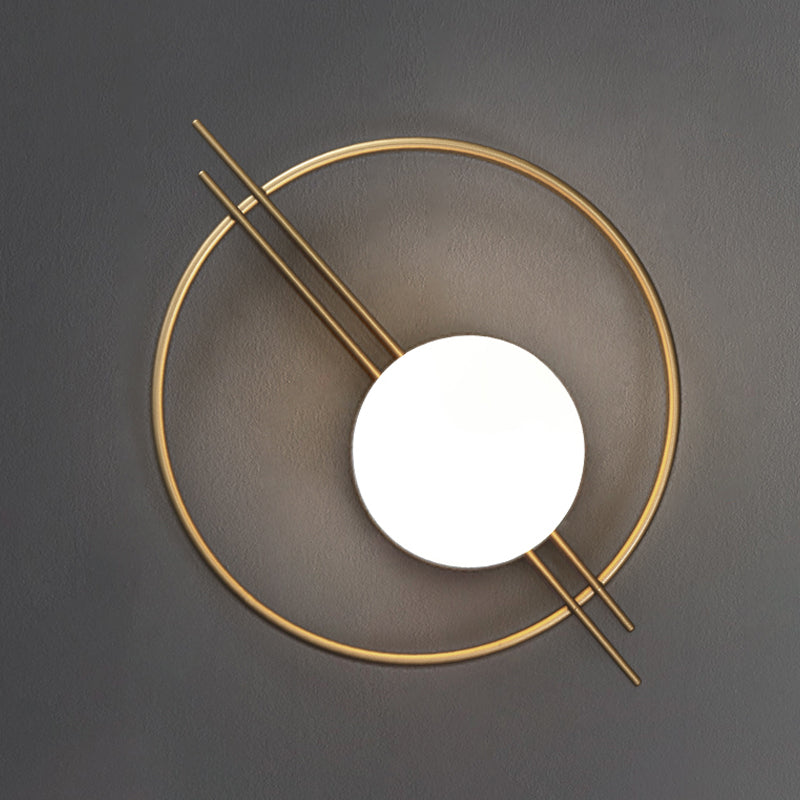 Circle Lounge Sconce Light Iron 1 Head Postmodern Wall Mounted Lighting in Black/Brass with Ball White Glass Shade Clearhalo 'Cast Iron' 'Glass' 'Industrial' 'Modern wall lights' 'Modern' 'Tiffany' 'Traditional wall lights' 'Wall Lamps & Sconces' 'Wall Lights' Lighting' 1788575