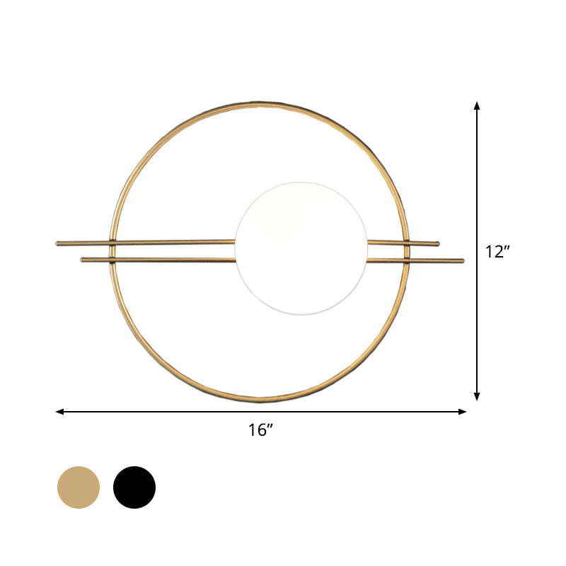 Circle Lounge Sconce Light Iron 1 Head Postmodern Wall Mounted Lighting in Black/Brass with Ball White Glass Shade Clearhalo 'Cast Iron' 'Glass' 'Industrial' 'Modern wall lights' 'Modern' 'Tiffany' 'Traditional wall lights' 'Wall Lamps & Sconces' 'Wall Lights' Lighting' 1788576