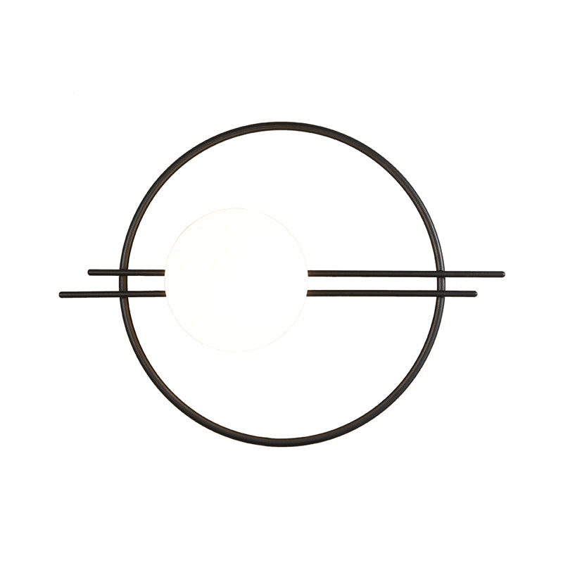 Circle Lounge Sconce Light Iron 1 Head Postmodern Wall Mounted Lighting in Black/Brass with Ball White Glass Shade Clearhalo 'Cast Iron' 'Glass' 'Industrial' 'Modern wall lights' 'Modern' 'Tiffany' 'Traditional wall lights' 'Wall Lamps & Sconces' 'Wall Lights' Lighting' 1788579