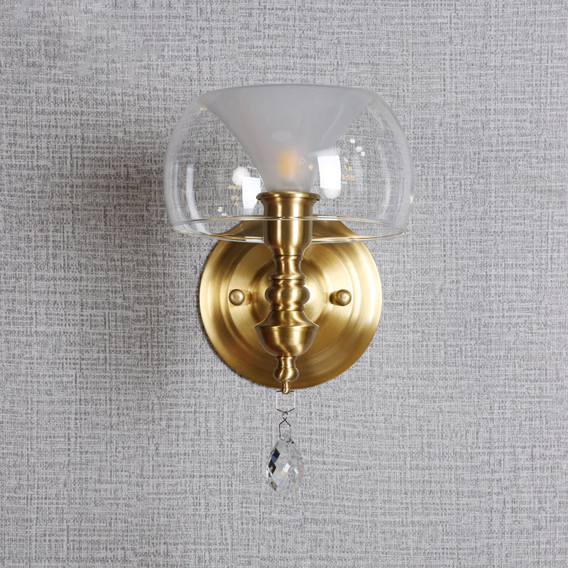 Small Bowl Wall Lighting Ideas Mid Century Clear Glass Single Brass Sconce with Inner Flared Shade and Crystal Droplet Clearhalo 'Cast Iron' 'Glass' 'Industrial' 'Modern wall lights' 'Modern' 'Tiffany' 'Traditional wall lights' 'Wall Lamps & Sconces' 'Wall Lights' Lighting' 1788604