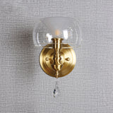 Small Bowl Wall Lighting Ideas Mid Century Clear Glass Single Brass Sconce with Inner Flared Shade and Crystal Droplet Clearhalo 'Cast Iron' 'Glass' 'Industrial' 'Modern wall lights' 'Modern' 'Tiffany' 'Traditional wall lights' 'Wall Lamps & Sconces' 'Wall Lights' Lighting' 1788604