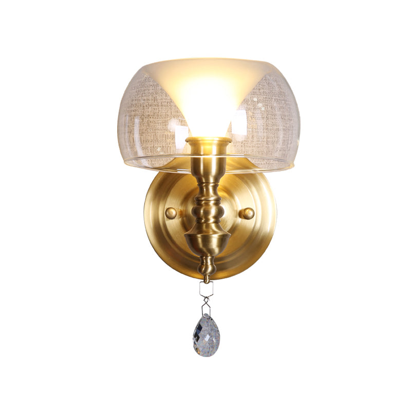 Small Bowl Wall Lighting Ideas Mid Century Clear Glass Single Brass Sconce with Inner Flared Shade and Crystal Droplet Clearhalo 'Cast Iron' 'Glass' 'Industrial' 'Modern wall lights' 'Modern' 'Tiffany' 'Traditional wall lights' 'Wall Lamps & Sconces' 'Wall Lights' Lighting' 1788606