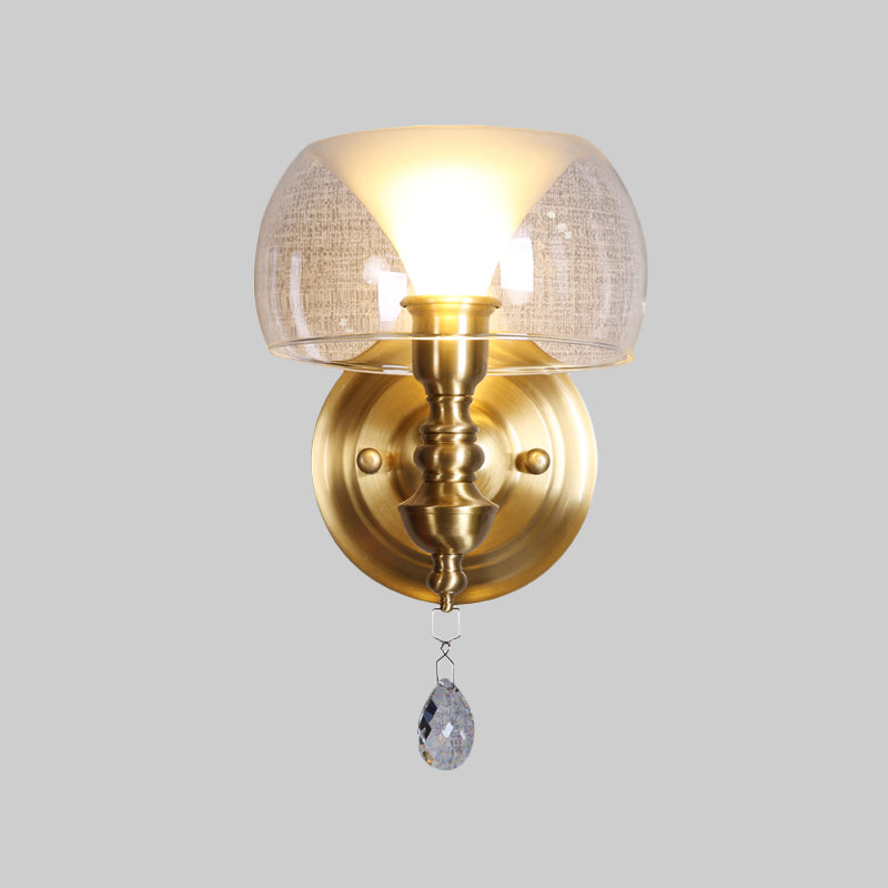 Small Bowl Wall Lighting Ideas Mid Century Clear Glass Single Brass Sconce with Inner Flared Shade and Crystal Droplet Clearhalo 'Cast Iron' 'Glass' 'Industrial' 'Modern wall lights' 'Modern' 'Tiffany' 'Traditional wall lights' 'Wall Lamps & Sconces' 'Wall Lights' Lighting' 1788607