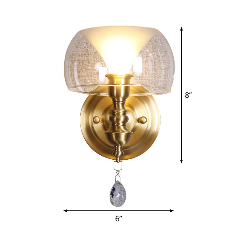 Small Bowl Wall Lighting Ideas Mid Century Clear Glass Single Brass Sconce with Inner Flared Shade and Crystal Droplet Clearhalo 'Cast Iron' 'Glass' 'Industrial' 'Modern wall lights' 'Modern' 'Tiffany' 'Traditional wall lights' 'Wall Lamps & Sconces' 'Wall Lights' Lighting' 1788608