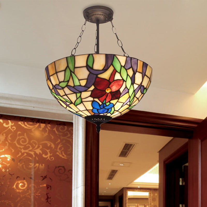 Bowl Inverted Suspension Light with Flower Tiffany Rustic Stained Glass Chandelier for Foyer Red-Yellow-Blue-Green Clearhalo 'Ceiling Lights' 'Chandeliers' 'Close To Ceiling Lights' 'Close to ceiling' 'Glass shade' 'Glass' 'Semi-flushmount' 'Tiffany close to ceiling' 'Tiffany' Lighting' 178861