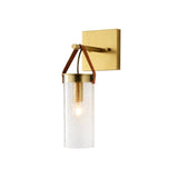 Postmodern Cylindrical Sconce Ideas Clear Crack Glass 1 Head Dining Room Wall Mounted Lamp in Brass with Leather Strap Clearhalo 'Cast Iron' 'Glass' 'Industrial' 'Modern wall lights' 'Modern' 'Tiffany' 'Traditional wall lights' 'Wall Lamps & Sconces' 'Wall Lights' Lighting' 1788611