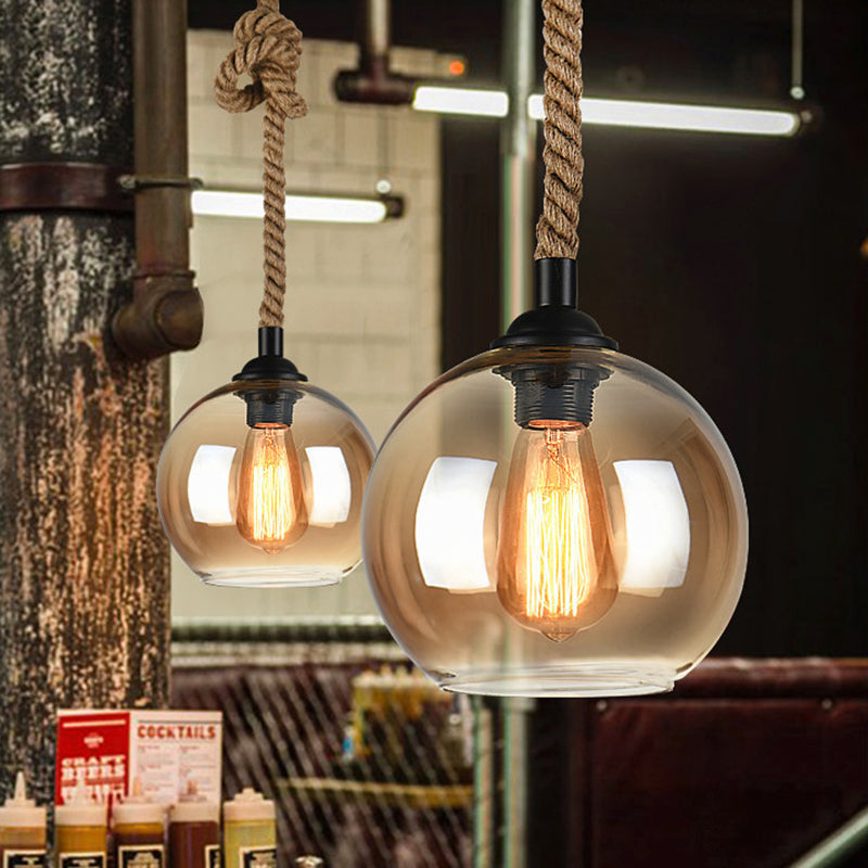 Amber/Clear Glass Ball Hanging Lighting Industrial 1 Head Restaurant Ceiling Pendant Lamp with Rope Rod 8" Clearhalo 'Ceiling Lights' 'Glass shade' 'Glass' 'Industrial Pendants' 'Industrial' 'Middle Century Pendants' 'Pendant Lights' 'Pendants' 'Tiffany' Lighting' 1788615