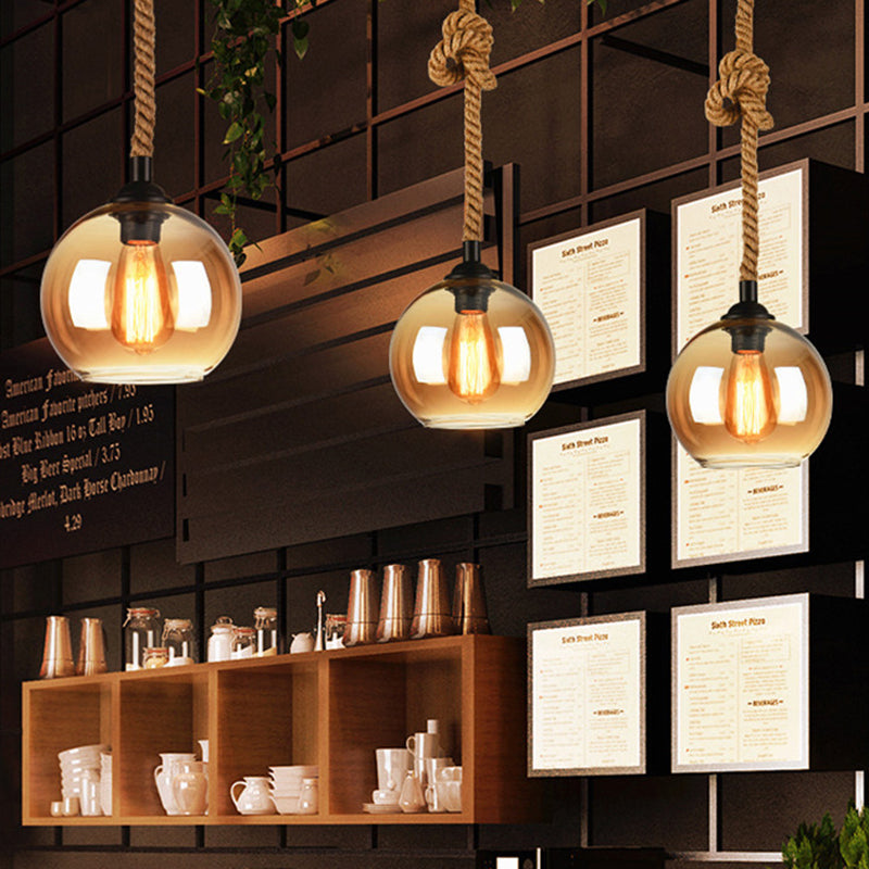 Amber/Clear Glass Ball Hanging Lighting Industrial 1 Head Restaurant Ceiling Pendant Lamp with Rope Rod Clearhalo 'Ceiling Lights' 'Glass shade' 'Glass' 'Industrial Pendants' 'Industrial' 'Middle Century Pendants' 'Pendant Lights' 'Pendants' 'Tiffany' Lighting' 1788616