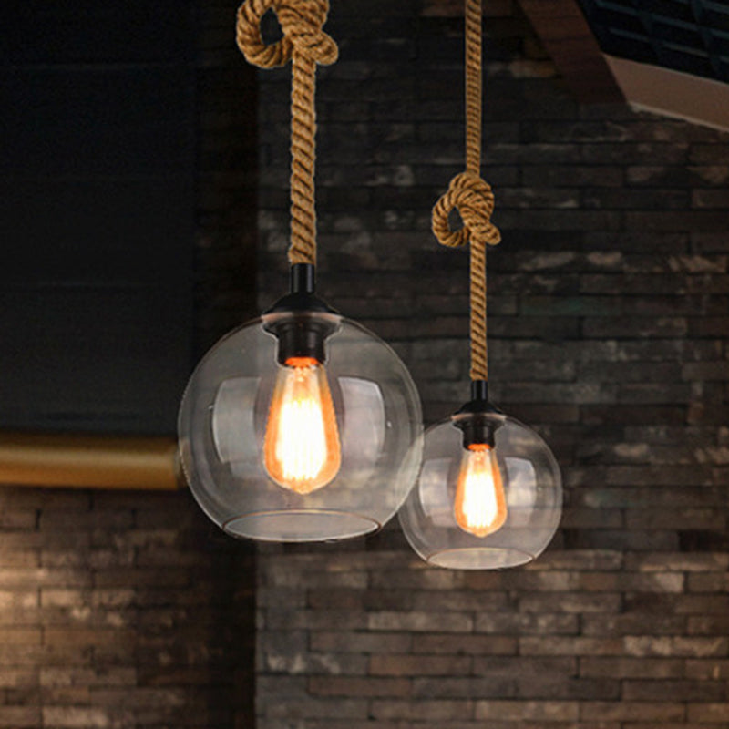 Amber/Clear Glass Ball Hanging Lighting Industrial 1 Head Restaurant Ceiling Pendant Lamp with Rope Rod Clear 10" Clearhalo 'Ceiling Lights' 'Glass shade' 'Glass' 'Industrial Pendants' 'Industrial' 'Middle Century Pendants' 'Pendant Lights' 'Pendants' 'Tiffany' Lighting' 1788621
