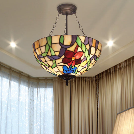 Bowl Inverted Suspension Light with Flower Tiffany Rustic Stained Glass Chandelier for Foyer Clearhalo 'Ceiling Lights' 'Chandeliers' 'Close To Ceiling Lights' 'Close to ceiling' 'Glass shade' 'Glass' 'Semi-flushmount' 'Tiffany close to ceiling' 'Tiffany' Lighting' 178862