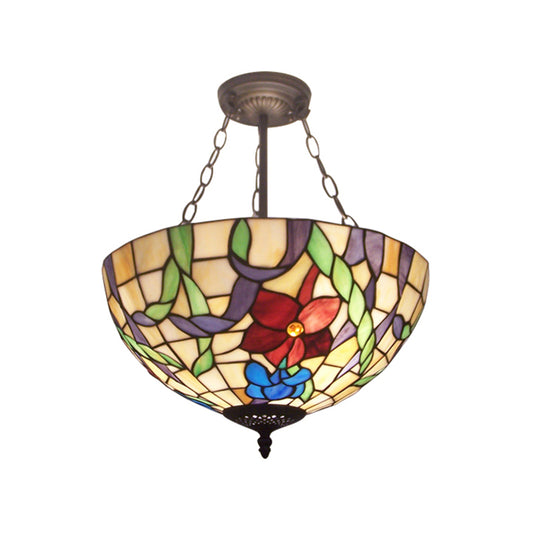 Bowl Inverted Suspension Light with Flower Tiffany Rustic Stained Glass Chandelier for Foyer Clearhalo 'Ceiling Lights' 'Chandeliers' 'Close To Ceiling Lights' 'Close to ceiling' 'Glass shade' 'Glass' 'Semi-flushmount' 'Tiffany close to ceiling' 'Tiffany' Lighting' 178863