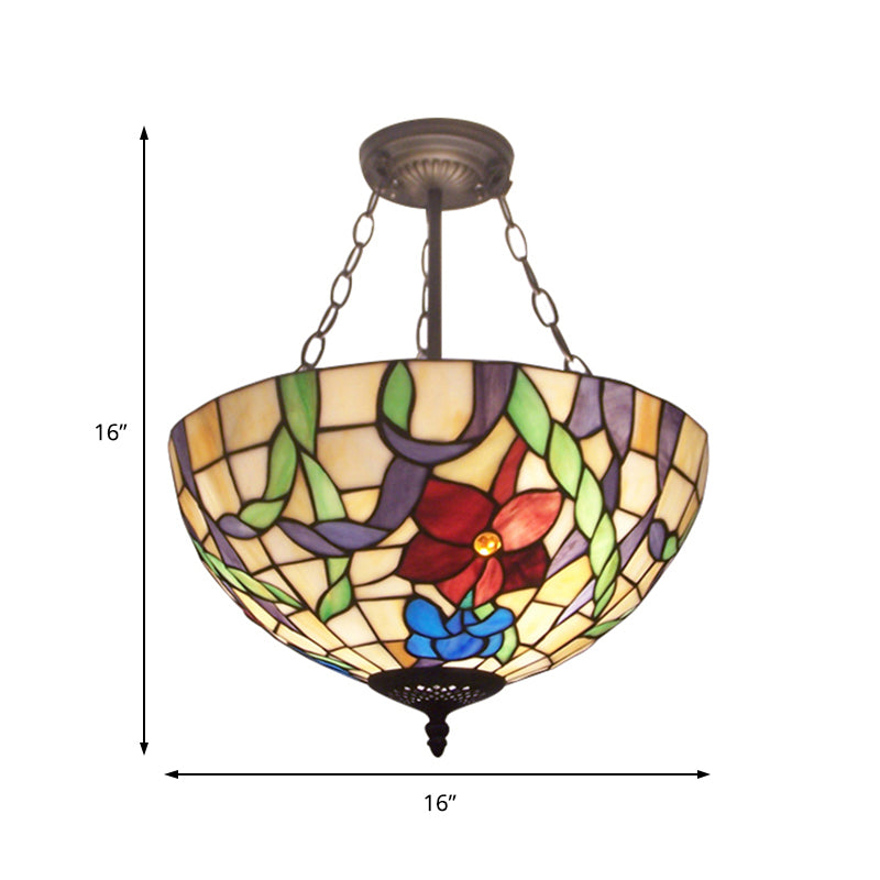 Bowl Inverted Suspension Light with Flower Tiffany Rustic Stained Glass Chandelier for Foyer Clearhalo 'Ceiling Lights' 'Chandeliers' 'Close To Ceiling Lights' 'Close to ceiling' 'Glass shade' 'Glass' 'Semi-flushmount' 'Tiffany close to ceiling' 'Tiffany' Lighting' 178864