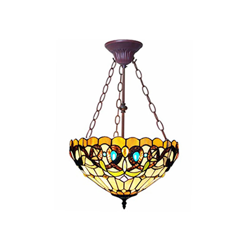 Victoria Design Bedroom Chandelier Stained Glass Tiffany Style Inverted Hanging Light in Yellow Clearhalo 'Ceiling Lights' 'Chandeliers' 'Close To Ceiling Lights' 'Close to ceiling' 'Glass shade' 'Glass' 'Semi-flushmount' 'Tiffany close to ceiling' 'Tiffany' Lighting' 178873