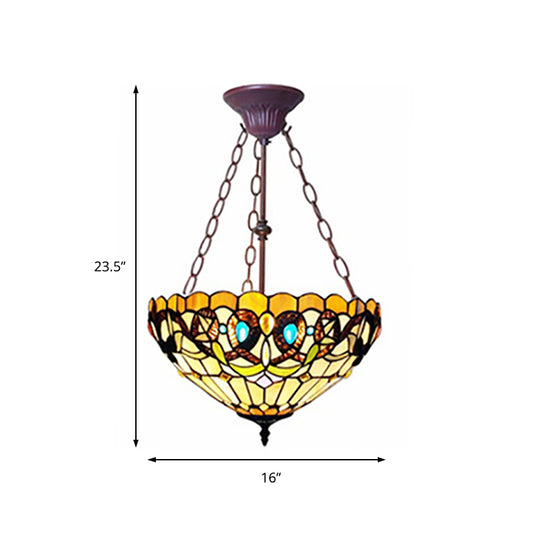 Victoria Design Bedroom Chandelier Stained Glass Tiffany Style Inverted Hanging Light in Yellow Clearhalo 'Ceiling Lights' 'Chandeliers' 'Close To Ceiling Lights' 'Close to ceiling' 'Glass shade' 'Glass' 'Semi-flushmount' 'Tiffany close to ceiling' 'Tiffany' Lighting' 178874