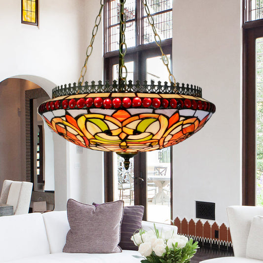 Stained Glass Bowl Chandelier Dining Room Tiffany Exquisite Hanging Light in Orange Orange Clearhalo 'Ceiling Lights' 'Chandeliers' 'Industrial' 'Middle Century Chandeliers' 'Tiffany Chandeliers' 'Tiffany close to ceiling' 'Tiffany' Lighting' 178875