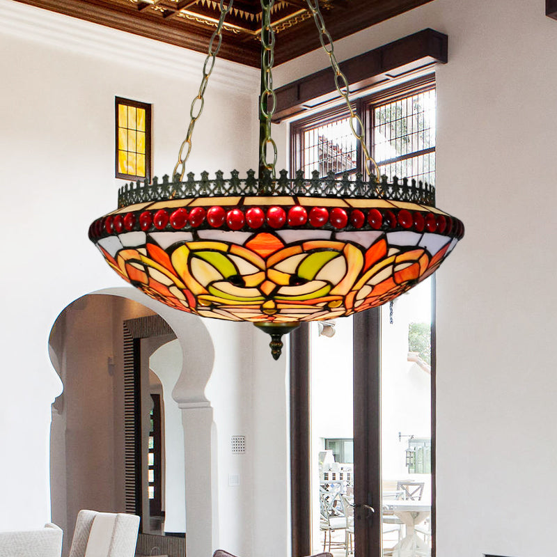 Stained Glass Bowl Chandelier Dining Room Tiffany Exquisite Hanging Light in Orange Clearhalo 'Ceiling Lights' 'Chandeliers' 'Industrial' 'Middle Century Chandeliers' 'Tiffany Chandeliers' 'Tiffany close to ceiling' 'Tiffany' Lighting' 178876