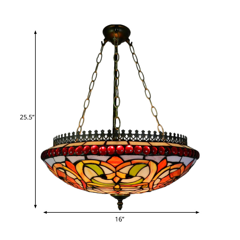 Stained Glass Bowl Chandelier Dining Room Tiffany Exquisite Hanging Light in Orange Clearhalo 'Ceiling Lights' 'Chandeliers' 'Industrial' 'Middle Century Chandeliers' 'Tiffany Chandeliers' 'Tiffany close to ceiling' 'Tiffany' Lighting' 178878