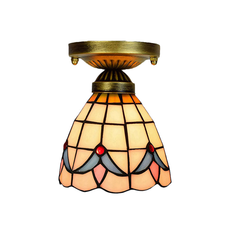Tiffany Classic Grid Dome Ceiling Light 6"/7" Width 1 Head Art Glass Flush Mount Light in White for Hallway Clearhalo 'Ceiling Lights' 'Chandeliers' 'Close To Ceiling Lights' 'Close to ceiling' 'Glass shade' 'Glass' 'Pendant Lights' 'Semi-flushmount' 'Tiffany close to ceiling' 'Tiffany' Lighting' 178881