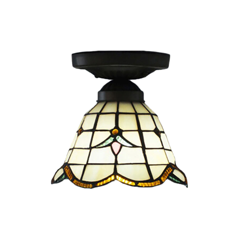 Tiffany Classic Grid Dome Ceiling Light 6"/7" Width 1 Head Art Glass Flush Mount Light in White for Hallway Clearhalo 'Ceiling Lights' 'Chandeliers' 'Close To Ceiling Lights' 'Close to ceiling' 'Glass shade' 'Glass' 'Pendant Lights' 'Semi-flushmount' 'Tiffany close to ceiling' 'Tiffany' Lighting' 178884