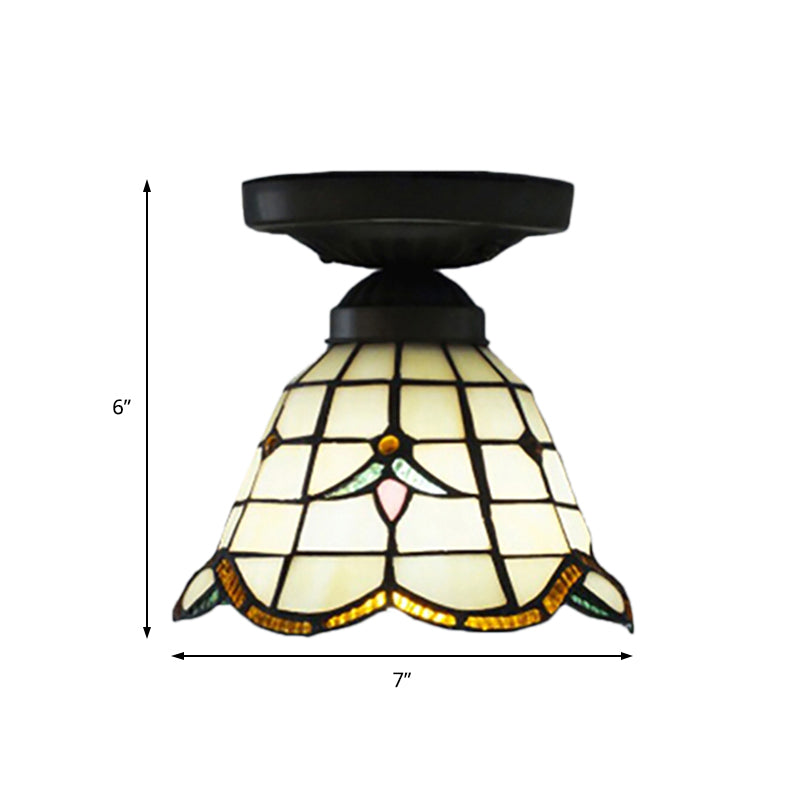 Tiffany Classic Grid Dome Ceiling Light 6"/7" Width 1 Head Art Glass Flush Mount Light in White for Hallway Clearhalo 'Ceiling Lights' 'Chandeliers' 'Close To Ceiling Lights' 'Close to ceiling' 'Glass shade' 'Glass' 'Pendant Lights' 'Semi-flushmount' 'Tiffany close to ceiling' 'Tiffany' Lighting' 178885