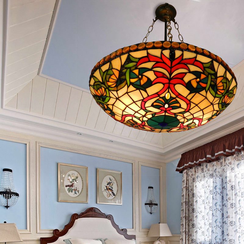 Stained Glass Shallow Bowl Hanging Light Tiffany Style Chandelier in Antique Bronze for Cloth Shop Clearhalo 'Ceiling Lights' 'Chandeliers' 'Industrial' 'Middle Century Chandeliers' 'Tiffany Chandeliers' 'Tiffany close to ceiling' 'Tiffany' Lighting' 178887