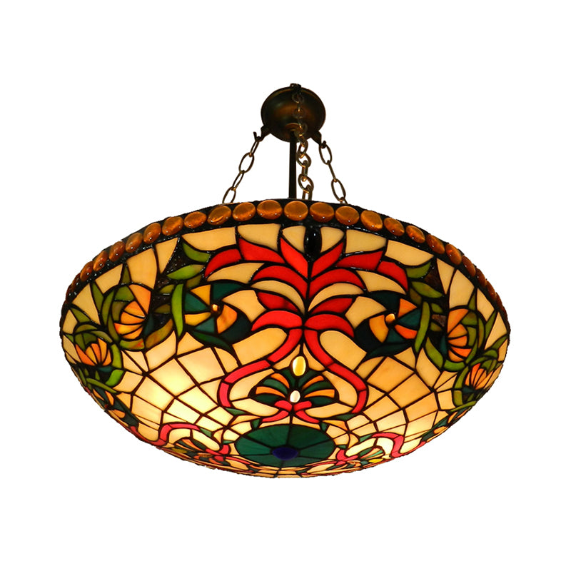 Stained Glass Shallow Bowl Hanging Light Tiffany Style Chandelier in Antique Bronze for Cloth Shop Clearhalo 'Ceiling Lights' 'Chandeliers' 'Industrial' 'Middle Century Chandeliers' 'Tiffany Chandeliers' 'Tiffany close to ceiling' 'Tiffany' Lighting' 178888