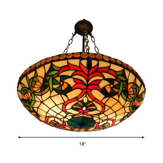 Stained Glass Shallow Bowl Hanging Light Tiffany Style Chandelier in Antique Bronze for Cloth Shop Clearhalo 'Ceiling Lights' 'Chandeliers' 'Industrial' 'Middle Century Chandeliers' 'Tiffany Chandeliers' 'Tiffany close to ceiling' 'Tiffany' Lighting' 178889