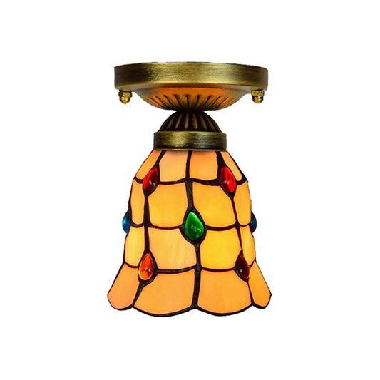 Tiffany Traditional Bell Ceiling Light with Jewelry Shell 1 Light Yellow Flush Mount Light for Hotel Clearhalo 'Ceiling Lights' 'Chandeliers' 'Close To Ceiling Lights' 'Close to ceiling' 'Glass shade' 'Glass' 'Semi-flushmount' 'Tiffany close to ceiling' 'Tiffany' Lighting' 178892
