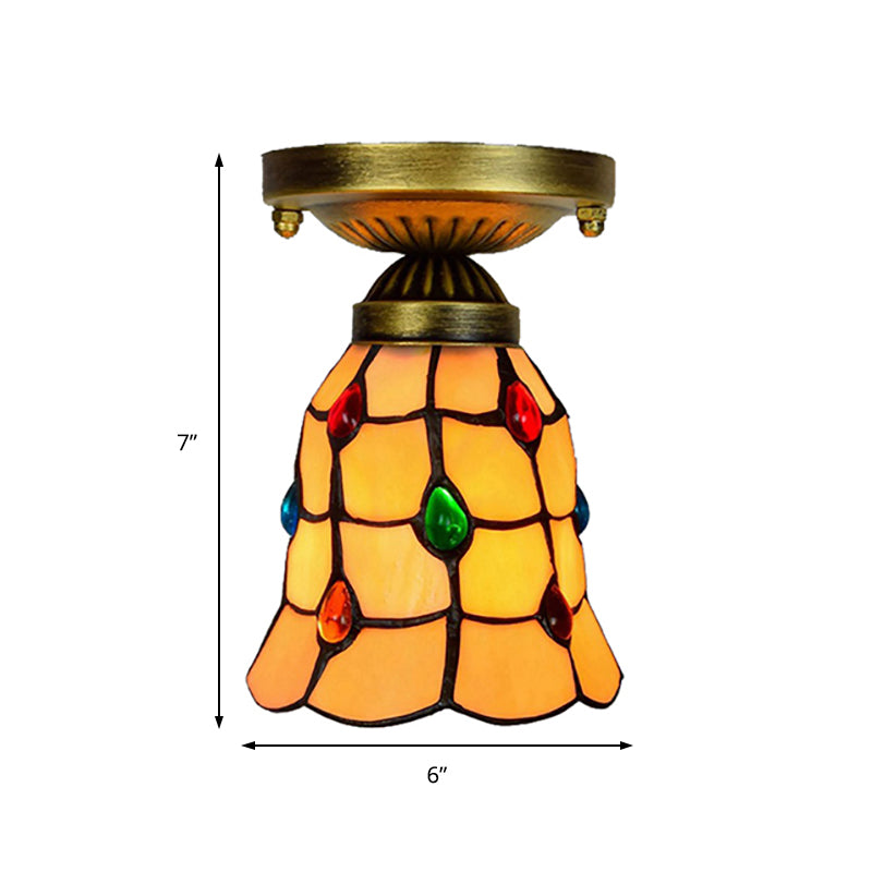 Tiffany Traditional Bell Ceiling Light with Jewelry Shell 1 Light Yellow Flush Mount Light for Hotel Clearhalo 'Ceiling Lights' 'Chandeliers' 'Close To Ceiling Lights' 'Close to ceiling' 'Glass shade' 'Glass' 'Semi-flushmount' 'Tiffany close to ceiling' 'Tiffany' Lighting' 178893